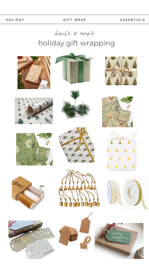 Image of beautifully wrapped Christmas presents using natural tones. The gifts are wrapped in kraft paper with leafy accents, natural fiber ribbons, and personalized tags. The overall look is elegant, rustic, and environmentally friendly