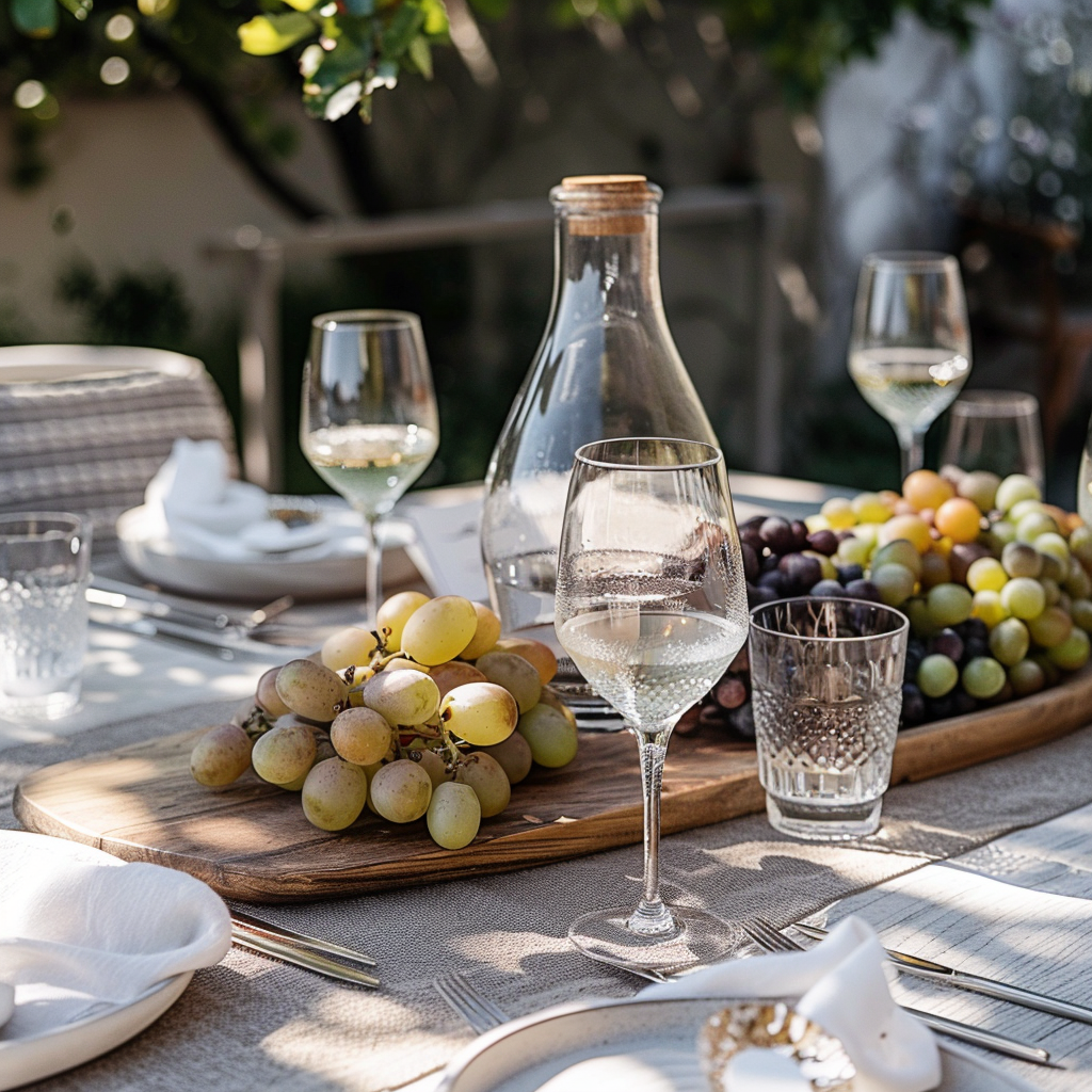 Alfresco dining should always include a charcuterie board, fruits, cheeses and crackers. I love to serve water from a beautiful carafe and a nice bottle of white wine.