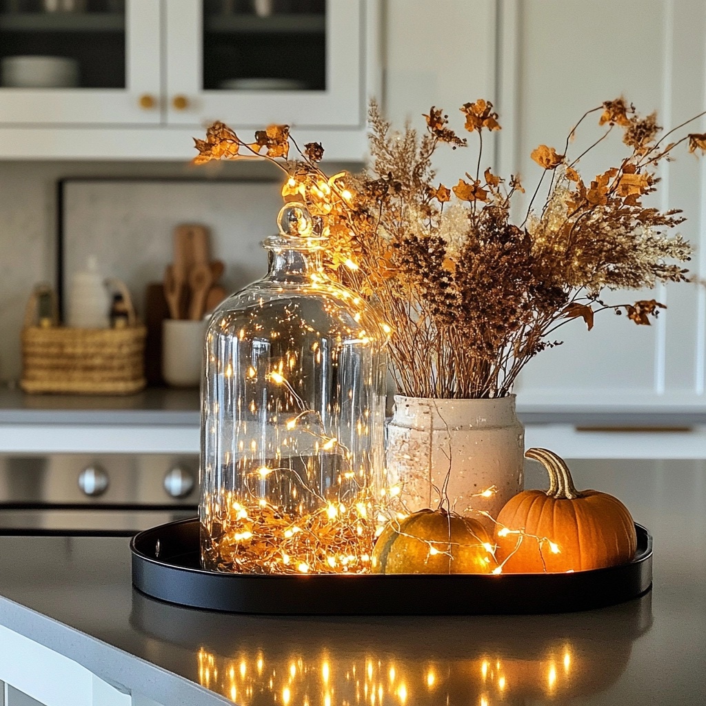 fall decor in tray kitchen counter with fairy lights, cloche and pumpkin