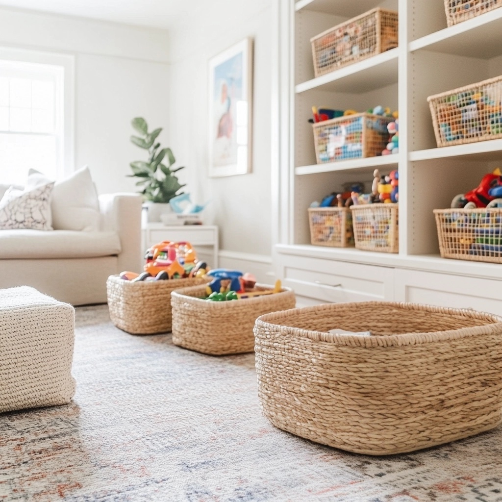 Storage organization for kids play rooms. Stylish bins and baskets are always a good idea for keeping things tidy when you have little ones and toys everywhere!