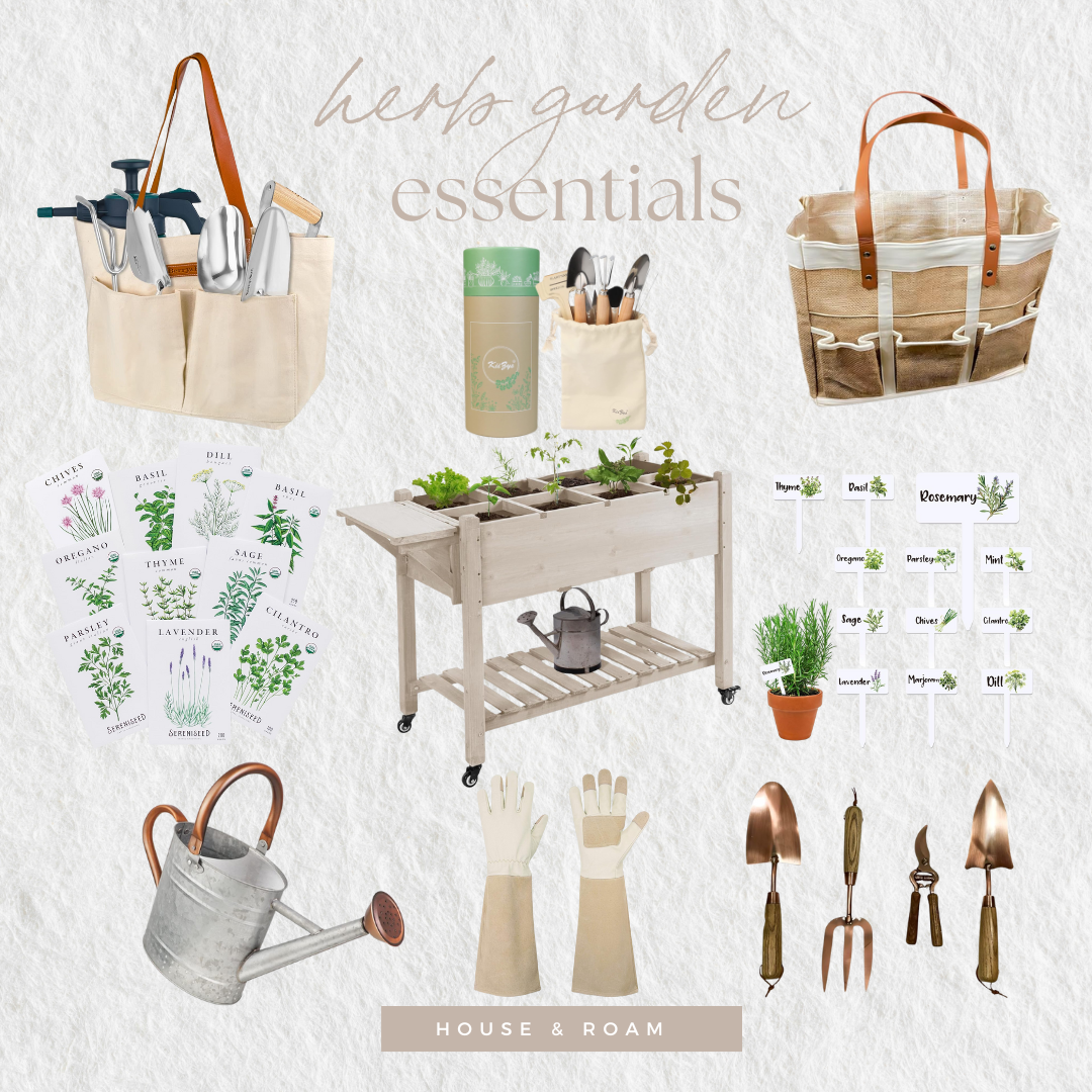 Herb garden essentials including a watering can, minimalistic tool bag, and gardening supplies displayed for beginner herb gardening.